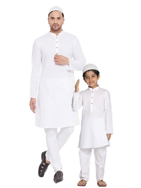 Vastramay White Cotton  Baap Beta Kurta Pyjama Set